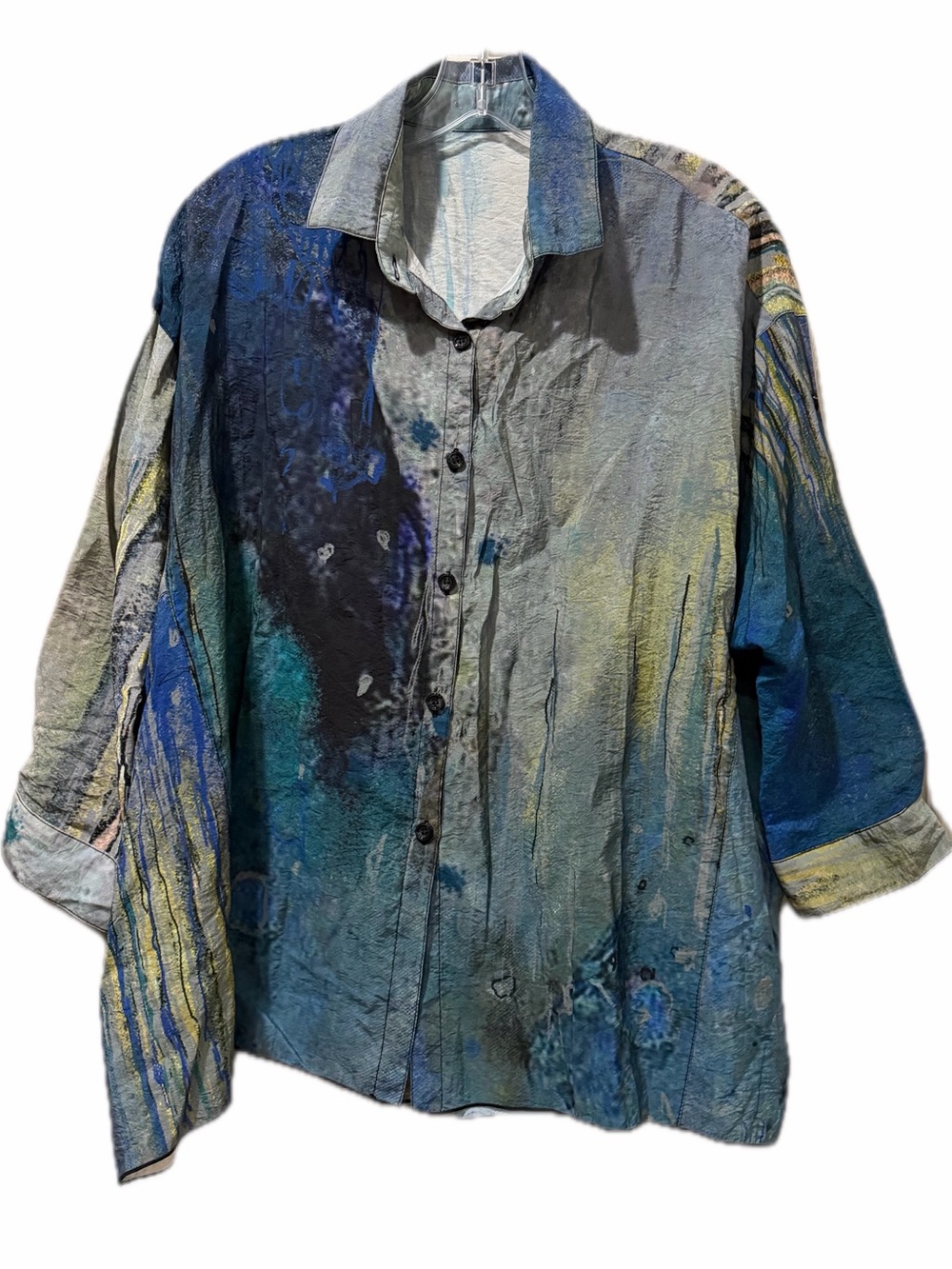3Potato S/M Art to Wear Artsy Button Down 3/4 Rolled Sleeve Blouse Shirt B11